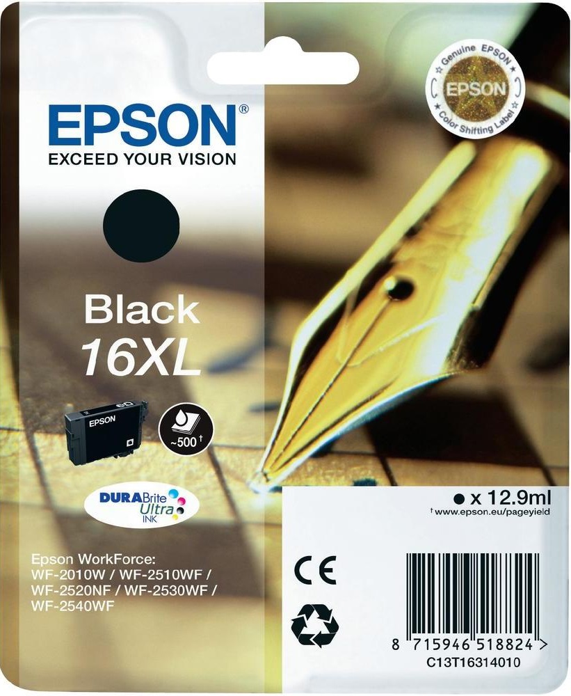 Epson Cartuccia d'Inchiostro Nero C13T16314012 16XL - Alta Capacità, Inchiostro a Base di Pigmento, 12,9 ml, ~500 Pagine
