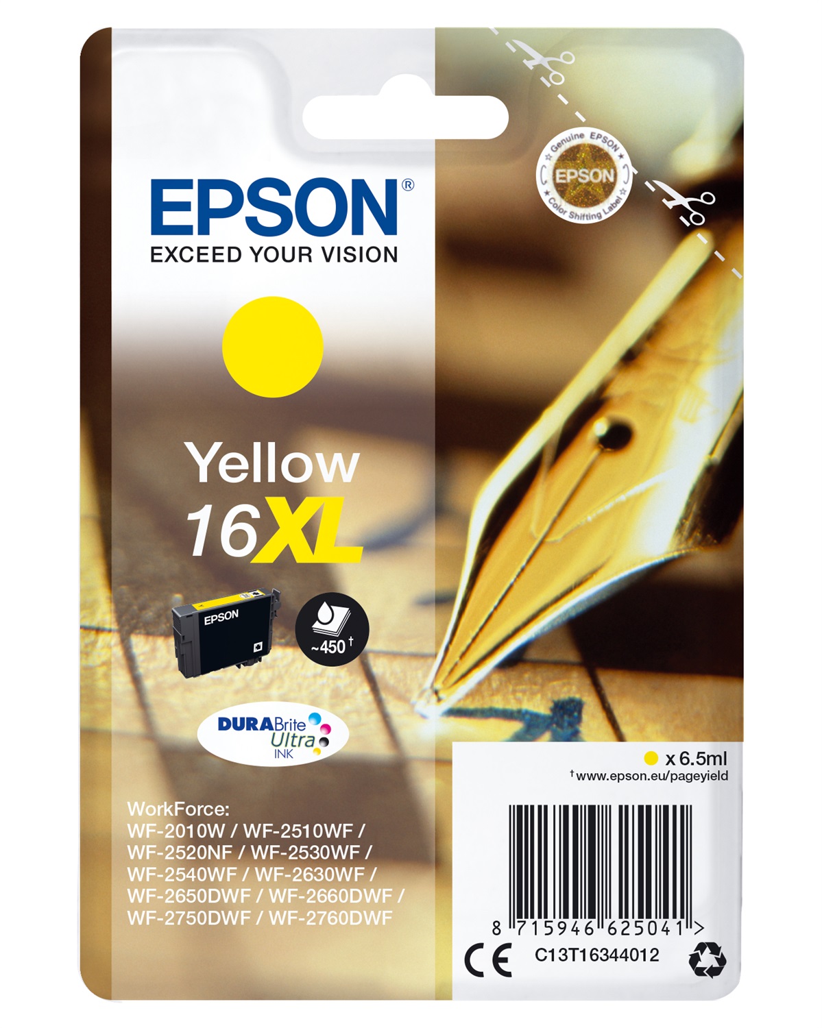 Epson Cartuccia d'Inchiostro Giallo C13T16344012 16XL - Resa Elevata (450 Pagine), Inchiostro a Base di Pigmento, Capacità 6,5 ml