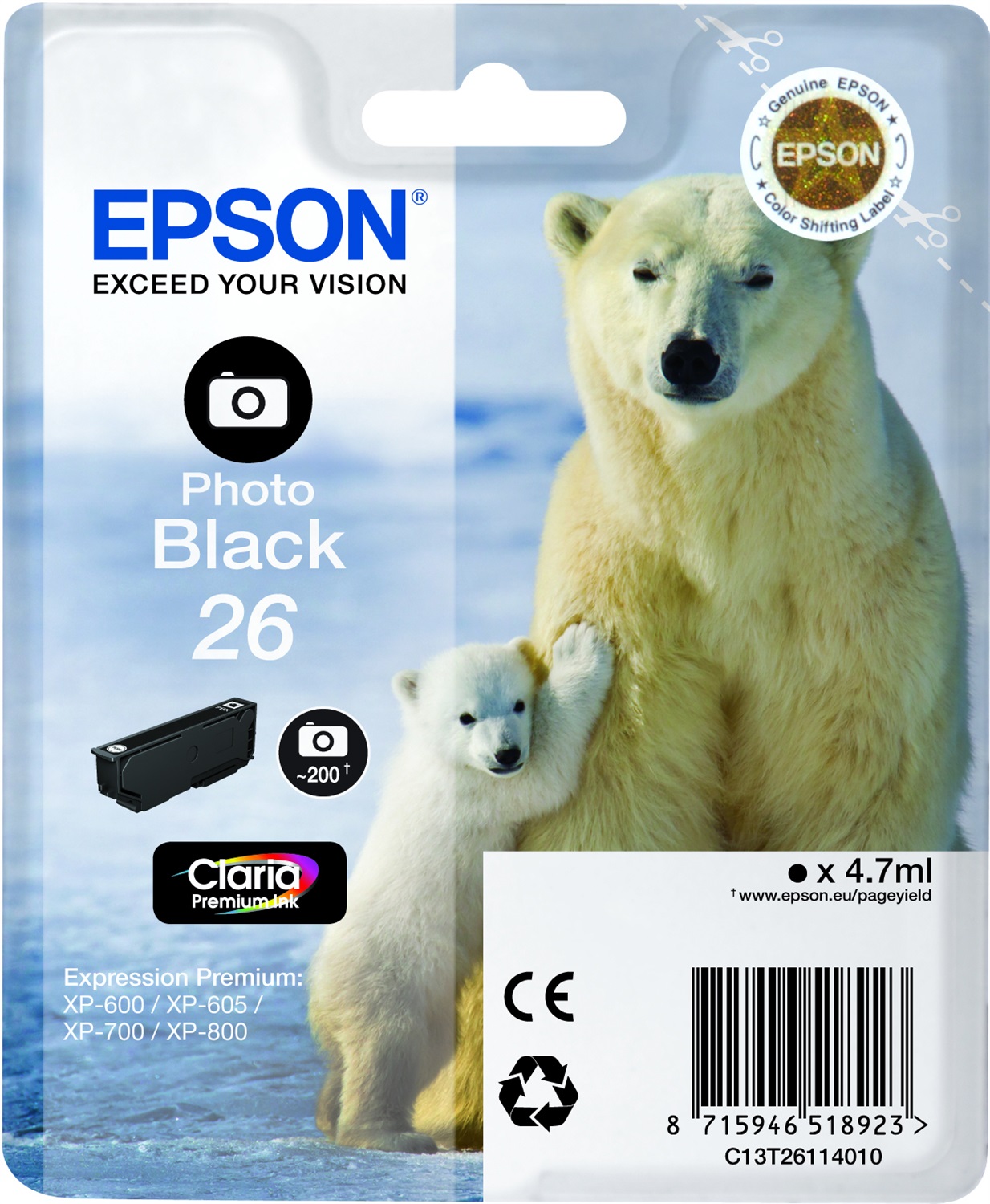 Epson Cartuccia d'Inchiostro Nero Fotografico C13T26114012 - 4,7 ml, Circa 200 Pagine, Compatibile con XP-600/XP-700/XP-800 e Altri Modelli