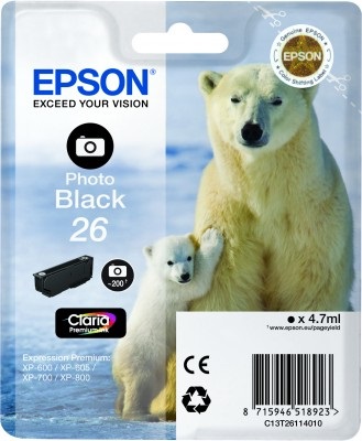 Epson Cartuccia d'Inchiostro Nero Fotografico C13T26114012 - 4,7 ml, Circa 200 Pagine, Compatibile con XP-600/XP-700/XP-800 e Altri Modelli