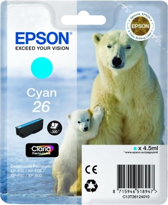 Epson Cartuccia d'Inchiostro Ciano C13T26124012 - Resa Standard, 300 Pagine, 4,5 ml, Compatibile con Modelli Expression Premium