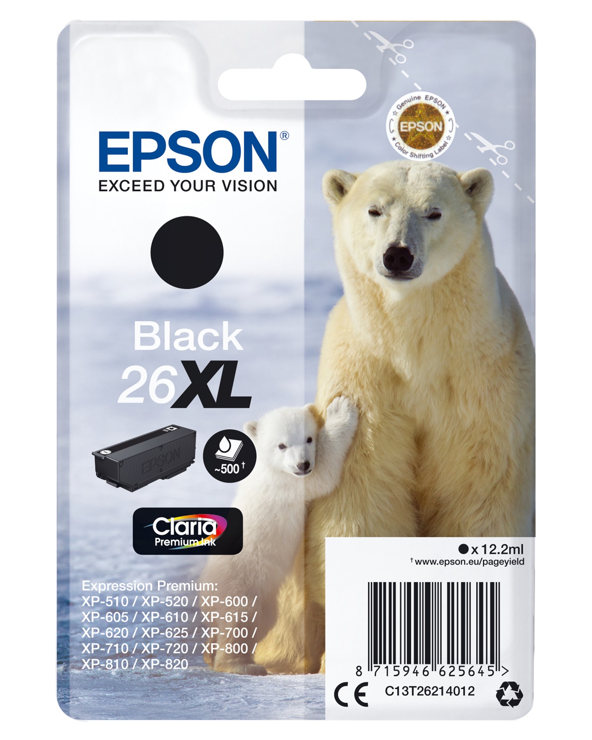 Epson Cartuccia d'Inchiostro Nero XL C13T26214012 - 12,2 ml, ~500 Pagine, Compatibile con XP-600/XP-700/XP-800 e Altri Modelli