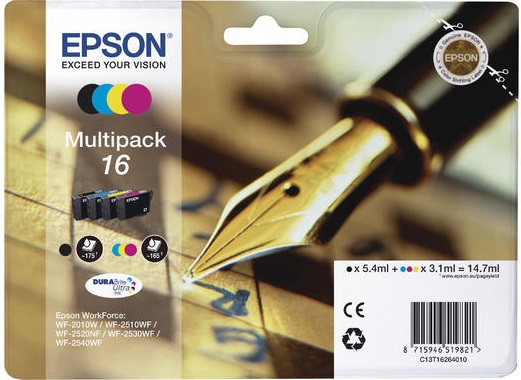 Epson C13T16264012 Multipack 16 - 4 Cartucce Nero, Ciano, Magenta, Giallo con Inchiostro DURABrite Ultra
