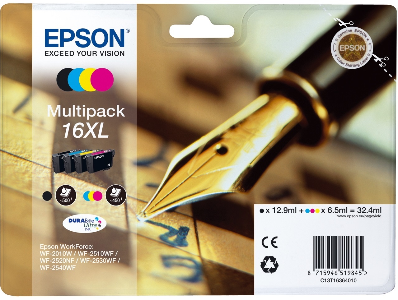 Epson C13T16364012 Multipack 16XL - 4 Cartucce Nero, Ciano, Magenta, Giallo con Inchiostro a Base di Pigmento