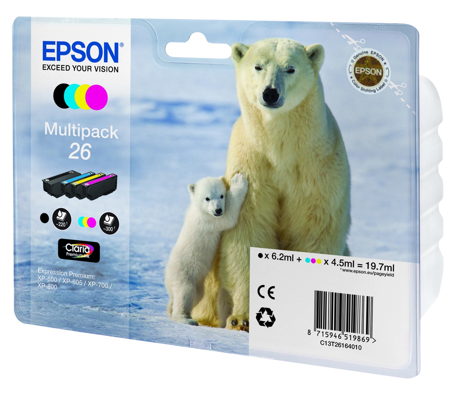 Epson C13T26164010 Multipack 26 - 4 Cartucce (Nero, Ciano, Magenta, Giallo) - 6,2 ml 4,5 ml - Compatibile con XP-510/520/600/605/610/615/620/625/650/700/710/720/800/810/820
