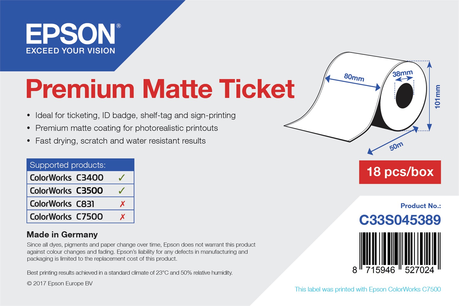 Epson Premium Matte Ticket - Rotolo Continuo Opaco 80mm x 50m, 127μm, per Stampa Inkjet