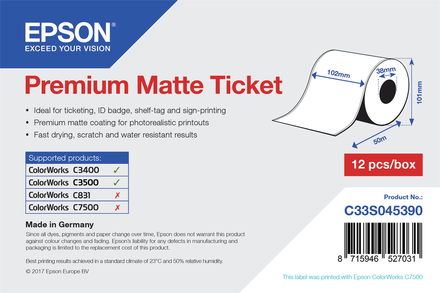Epson Premium Matte Ticket - Rotolo Continuo Opaco 102mm x 50m, Spessore 127μm, 107 g/m²