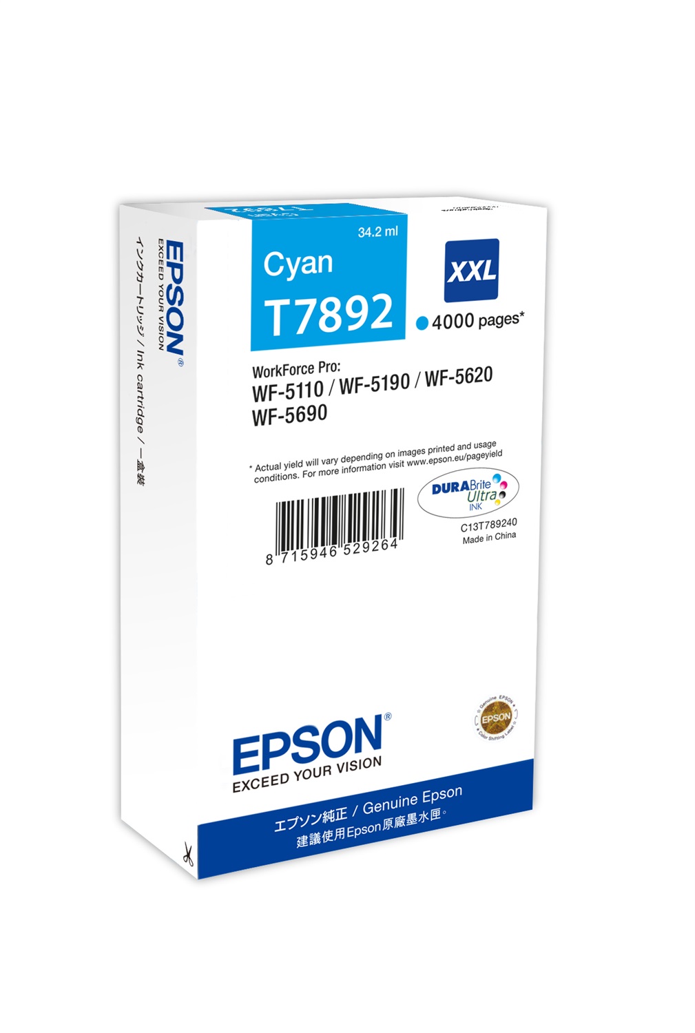 Epson Cartuccia d'Inchiostro Ciano C13T789240 T7892 XXL - 34,2ml, Resa 4000 Pagine, Compatibile con WorkForce Pro WF-5110DW, WF-5190DW, WF-5620DWF, WF-5690DWF