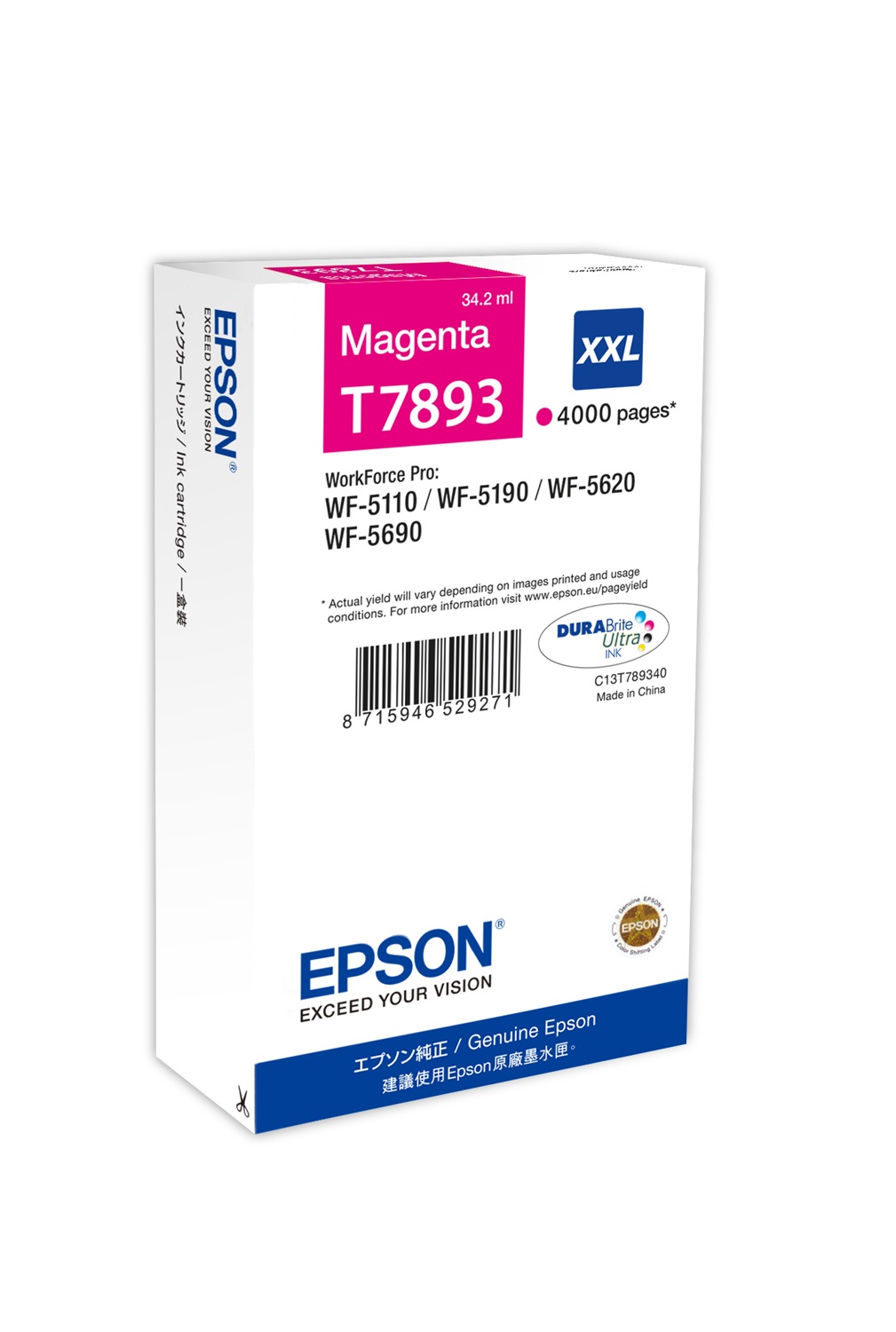 Epson C13T789340 T7893 XXL Cartuccia Magenta - Inchiostro a base di pigmento, Resa Extra Elevata fino a 4000 pagine, 34,2 ml