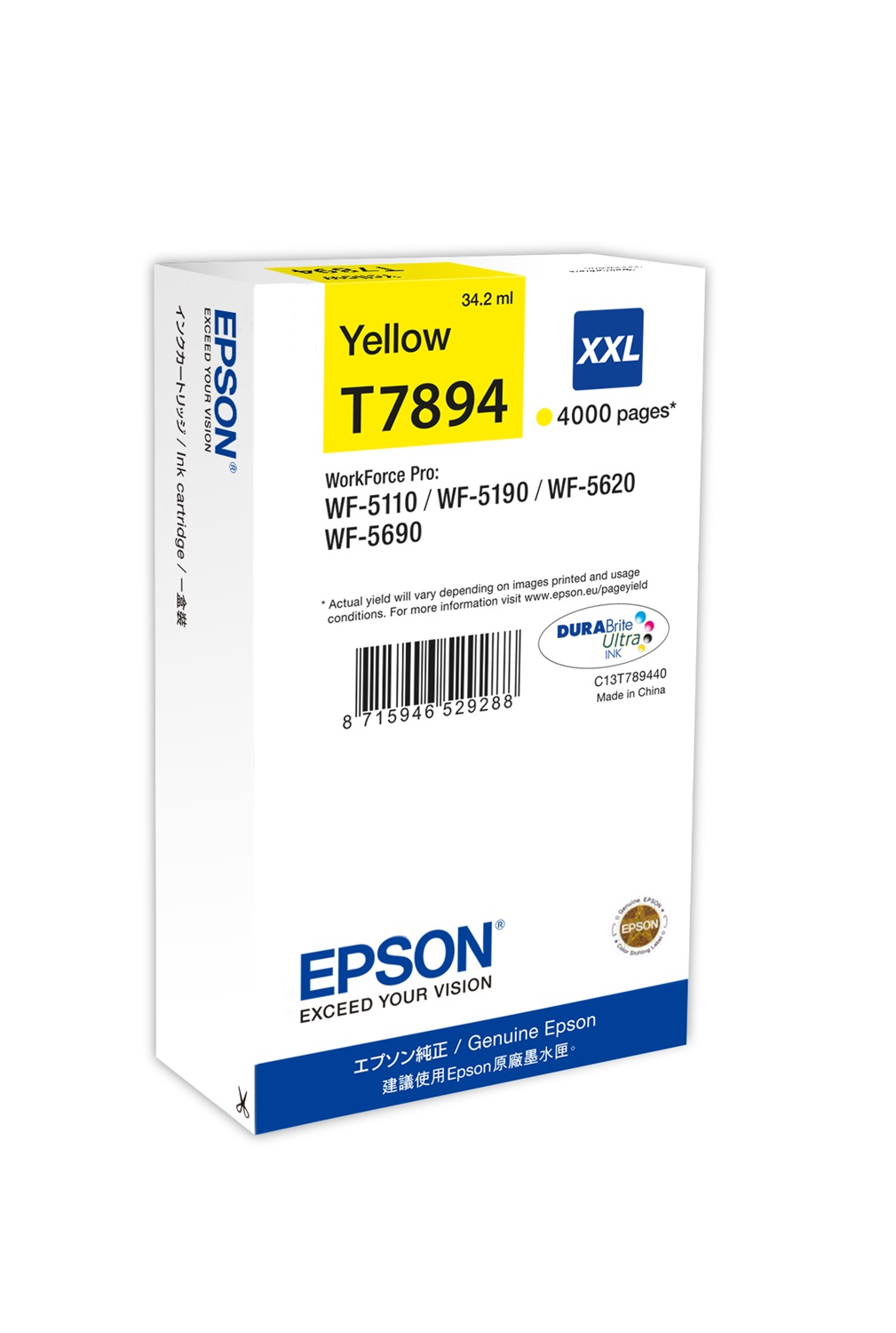 Epson Cartuccia d'Inchiostro Giallo C13T789440 T7894 XXL - 34,2ml, ~4000 Pagine, Inchiostro a Base di Pigmento