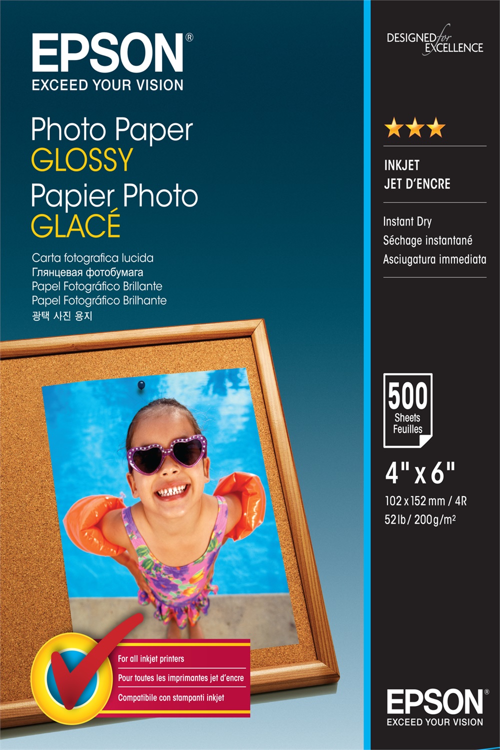 Epson Photo Paper Glossy - 10x15cm - 500 Fogli, Lucida, 200 g/m², Asciugatura Immediata