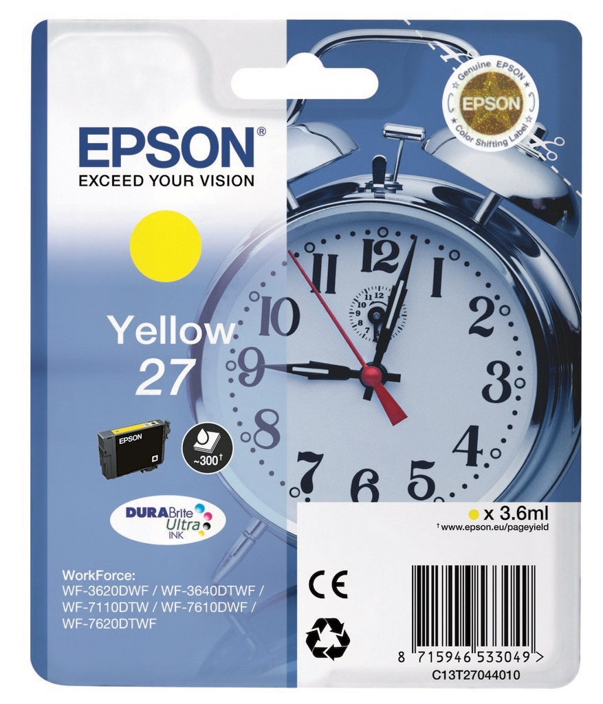 Epson Cartuccia d'Inchiostro Giallo C13T27044012 DURABrite Ultra, 3,6 ml, ~300 Pagine, Compatibile con WorkForce