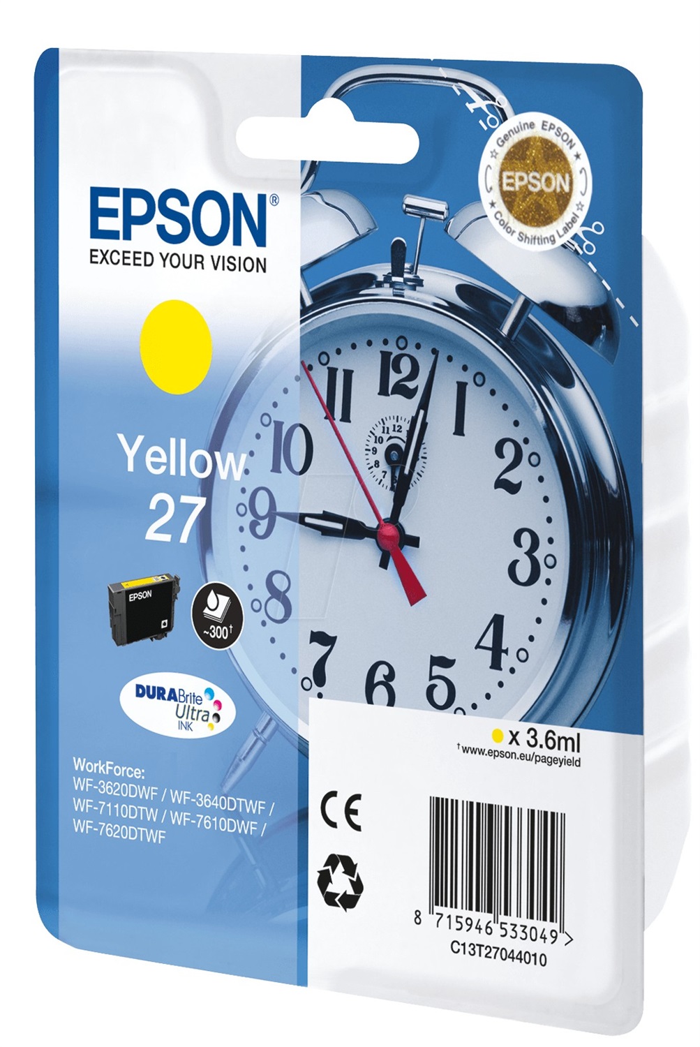 Epson Cartuccia d'Inchiostro Giallo C13T27044012 DURABrite Ultra, 3,6 ml, ~300 Pagine, Compatibile con WorkForce