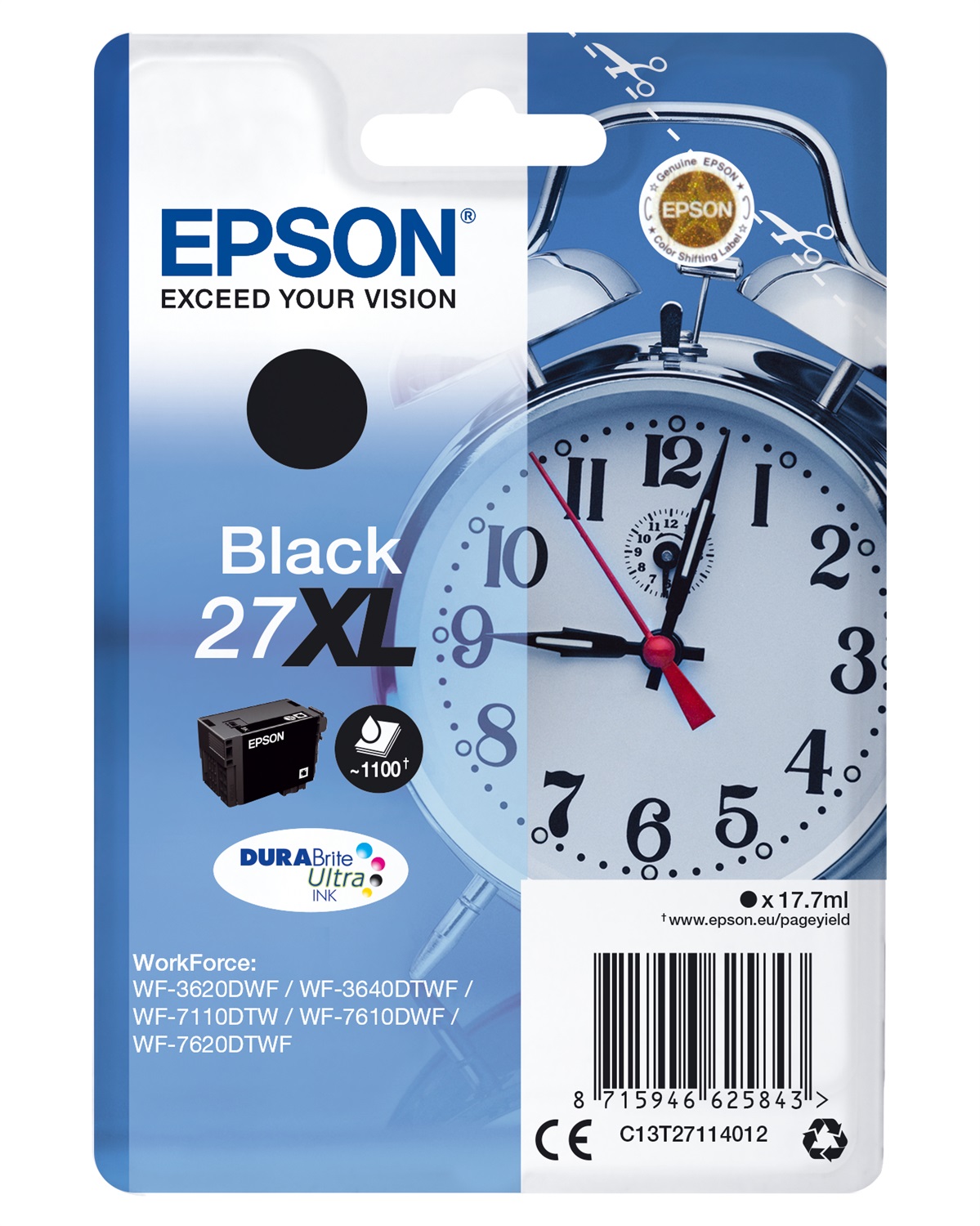 Epson Cartuccia d'Inchiostro Nero C13T27114012 27XL - 17,7 ml, Resa Elevata (XL), Inchiostro a Base di Pigmento, 1100 Pagine