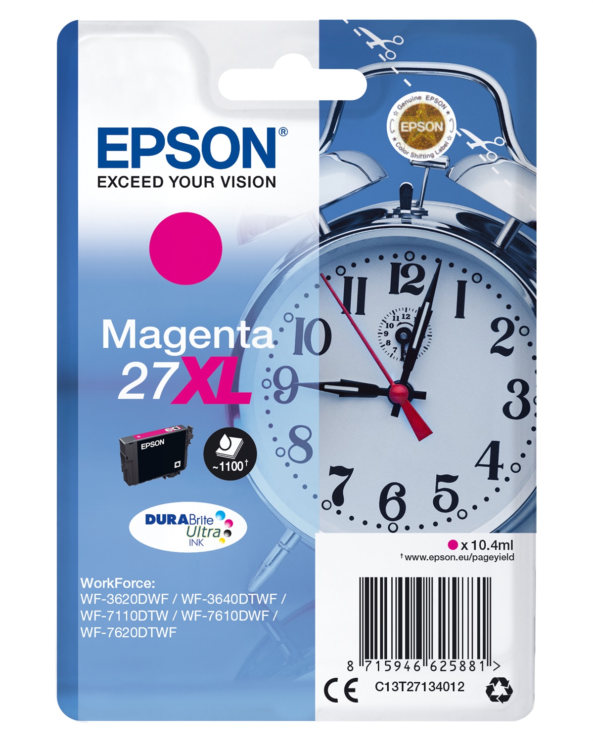 Epson Cartuccia d'Inchiostro Magenta DURABrite Ultra 27XL - 10,4 ml, Resa Elevata (fino a 1100 pagine), Compatibile con WorkForce WF-3600 Series