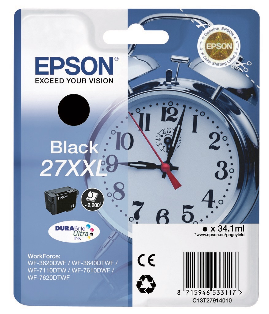 Epson Cartuccia d'Inchiostro Nero C13T27914012 27 XXL Originale - 34,1ml, ~2200 Pagine, Inchiostro DURABrite Ultra