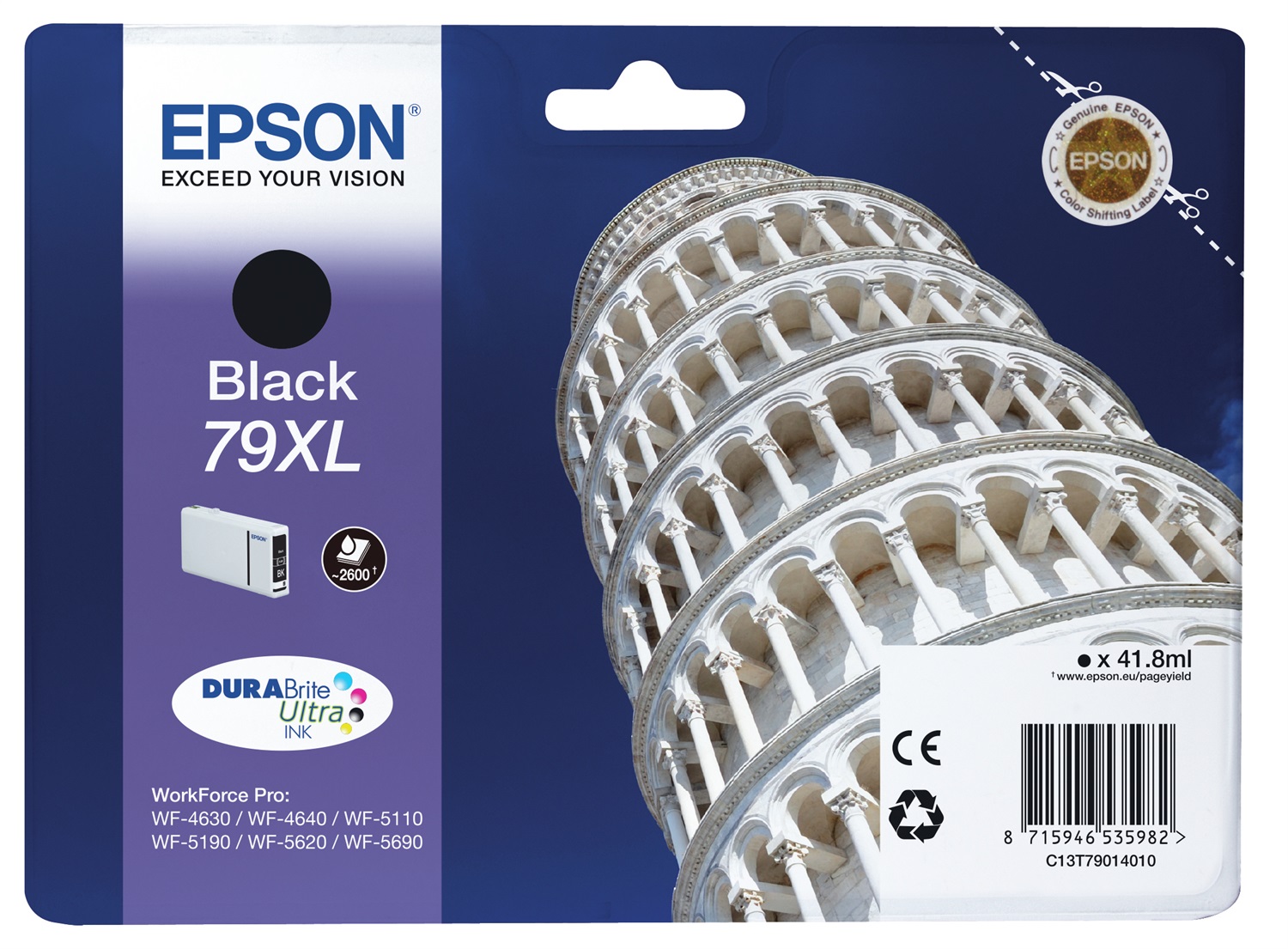 Epson 79XL Torre di Pisa Cartuccia d'Inchiostro Nero C13T79014010 - 41,8 ml, Resa Elevata (XL), Fino a 2600 Pagine
