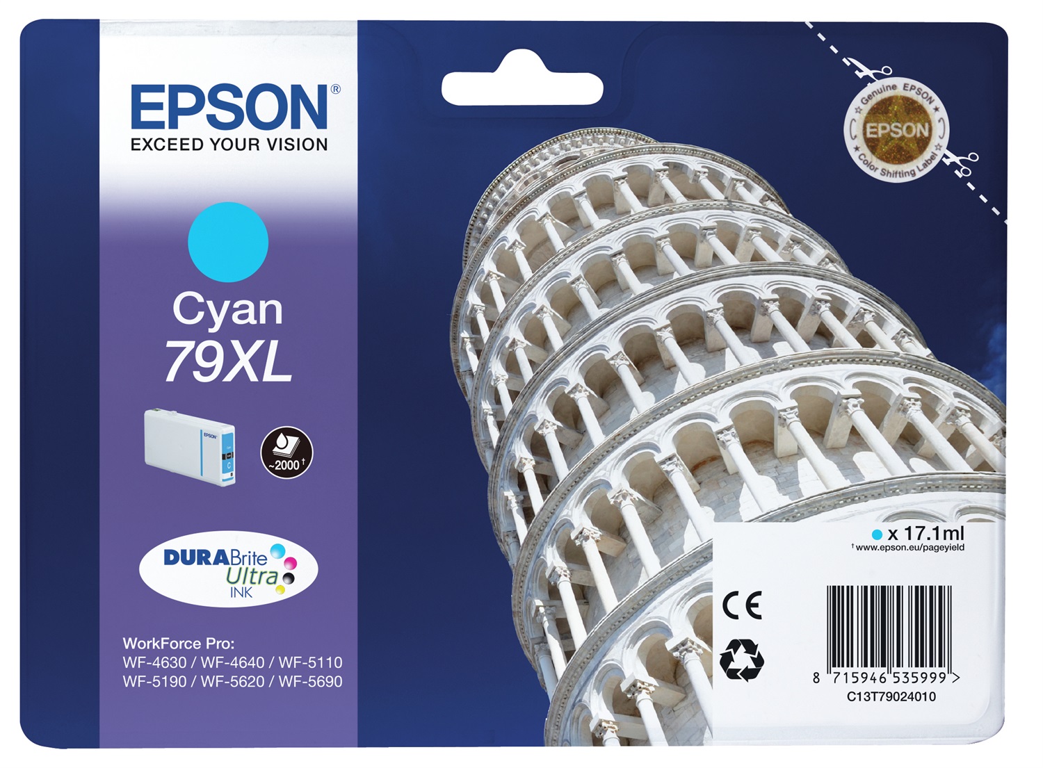 Epson Cartuccia d'Inchiostro Ciano C13T79024010 79 XL - Resa Elevata (2000 Pagine), 17,1 ml, Compatibile con WorkForce Pro
