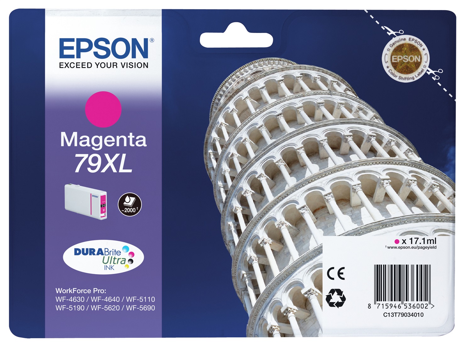 Epson C13T79034010 Cartuccia d'Inchiostro Magenta 79XL - 17,1 ml, Resa Fino a 2000 Pagine, Inchiostro a Base di Pigmento