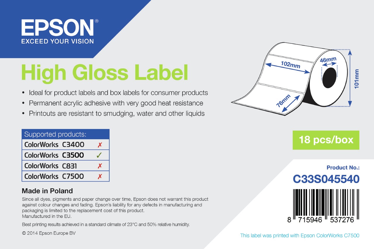 Epson High Gloss Label - Die-cut Roll 102mm x 76mm, 415 Etichette, Lucida, Compatibile con ColorWorks C7500G, CW-C6500, CW-C6000Pe, CW-C6000Ae