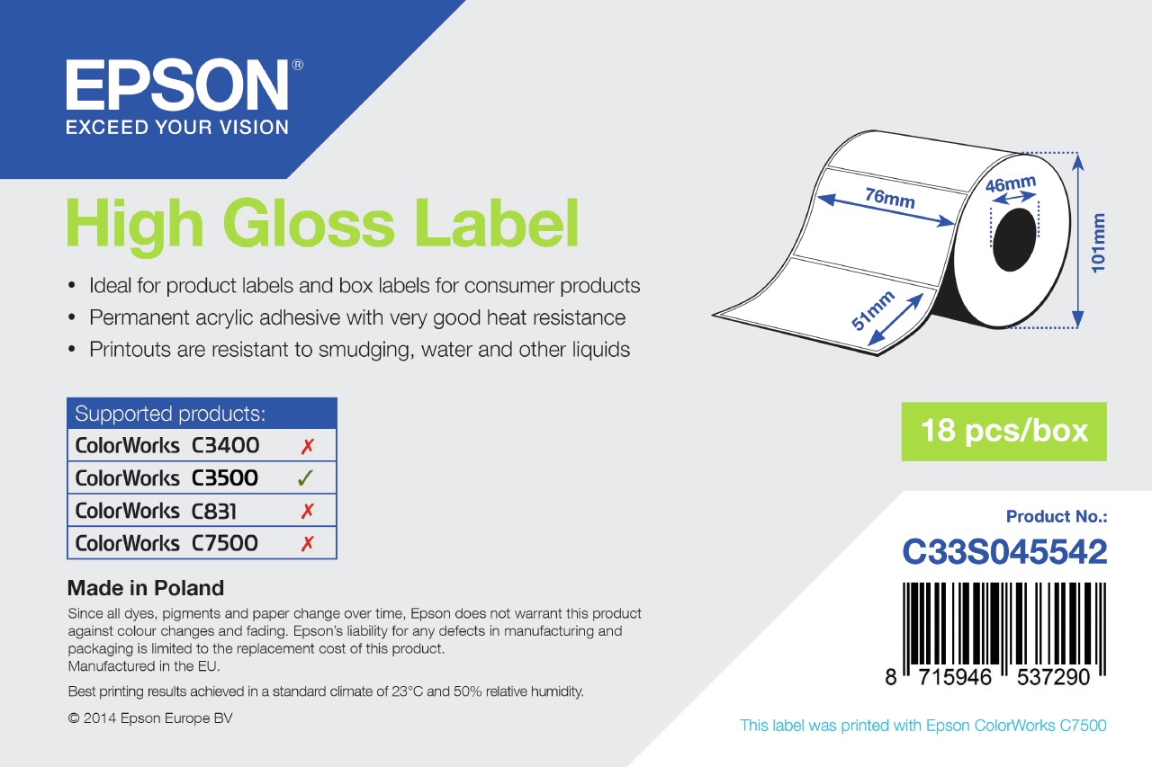 Epson High Gloss Label - Rotolo Die-cut 76mm x 51mm, 610 Etichette, Adesivo Permanente per Stampa Inkjet