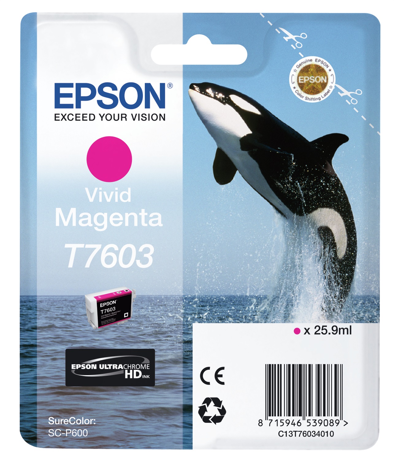 Epson T7603 Vivid Magenta - Cartuccia d'inchiostro originale 25.9ml UltraChrome HD, circa 1400 pagine, compatibile con SureColor SC-P600