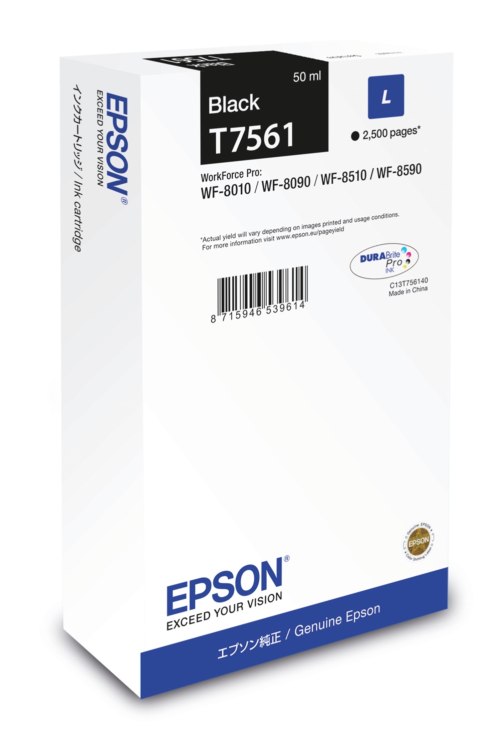 Epson C13T756140 T7561 Cartuccia d'inchiostro Nero 50ml - Resa 2500 Pagine, Compatibile con WorkForce Pro WF-8000/8010/8090