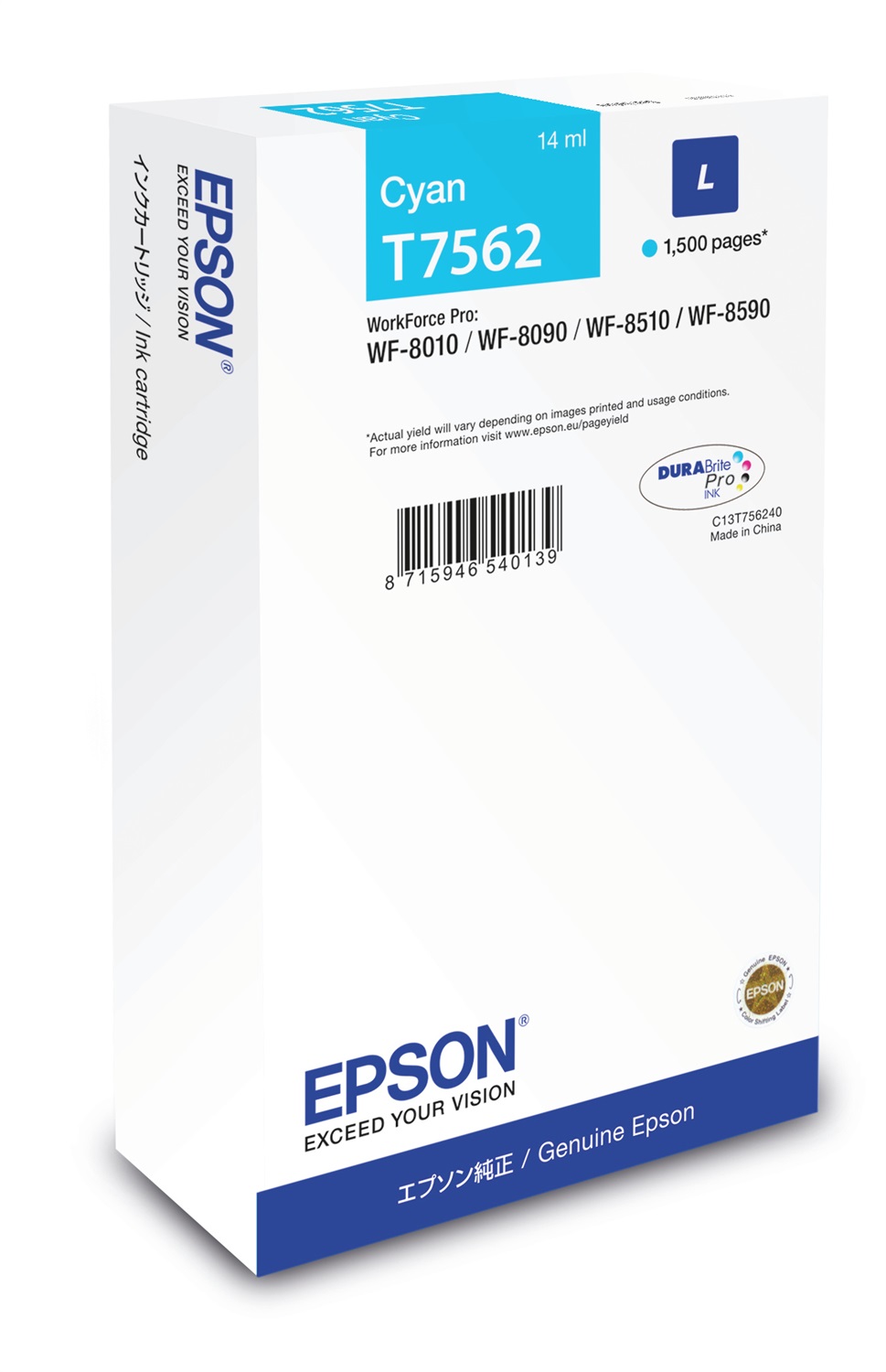 Epson Cartuccia d'Inchiostro Ciano L C13T756240 - Capacità 14ml, circa 1500 pagine, compatibile con WF-8XXX Series