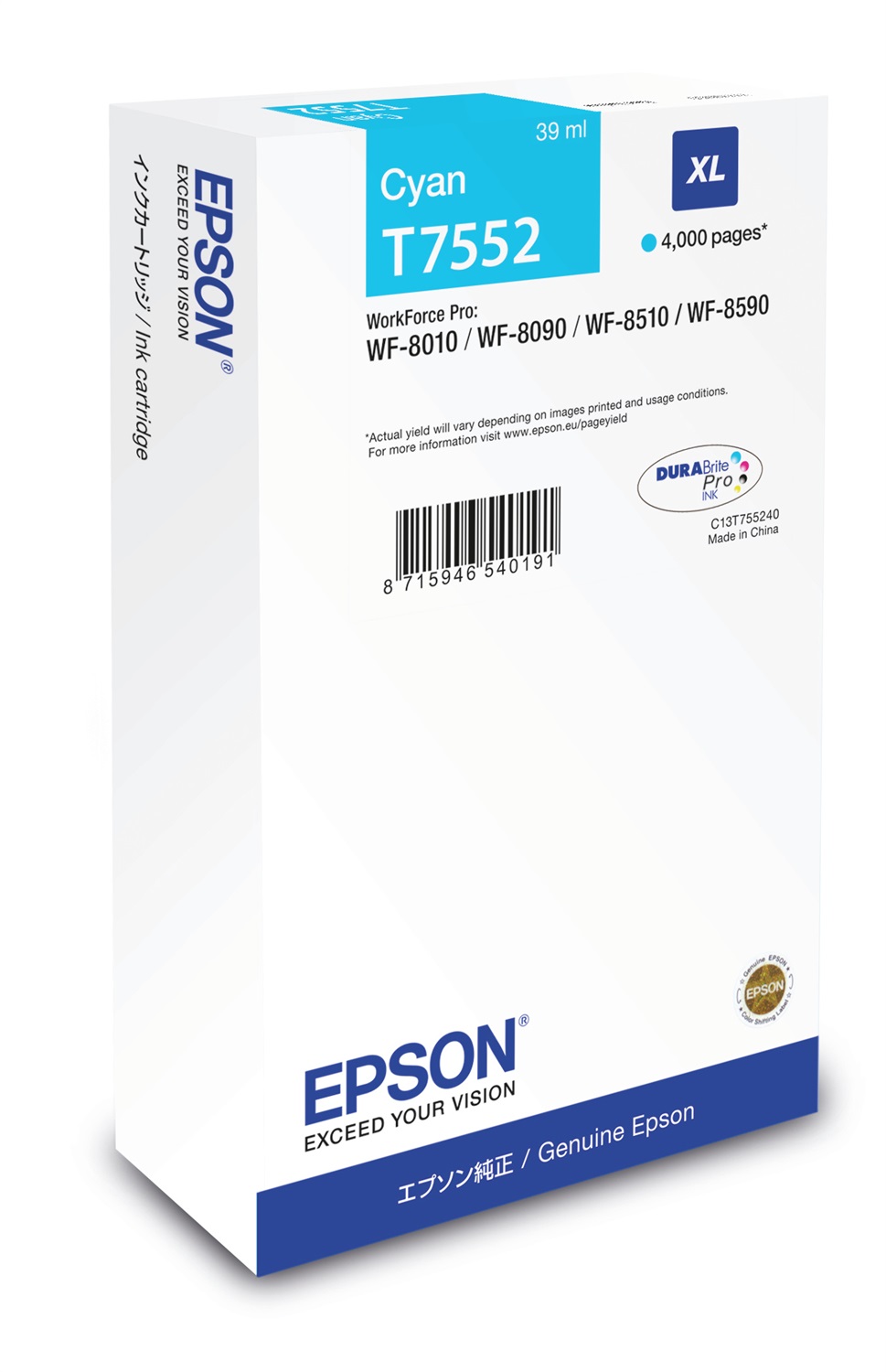 Epson Cartuccia Ciano XL C13T755240 - Alta Capacità 4000 Pagine per WorkForce Pro WF-8010DW, WF-8090, WF-8510DWF, WF-8590