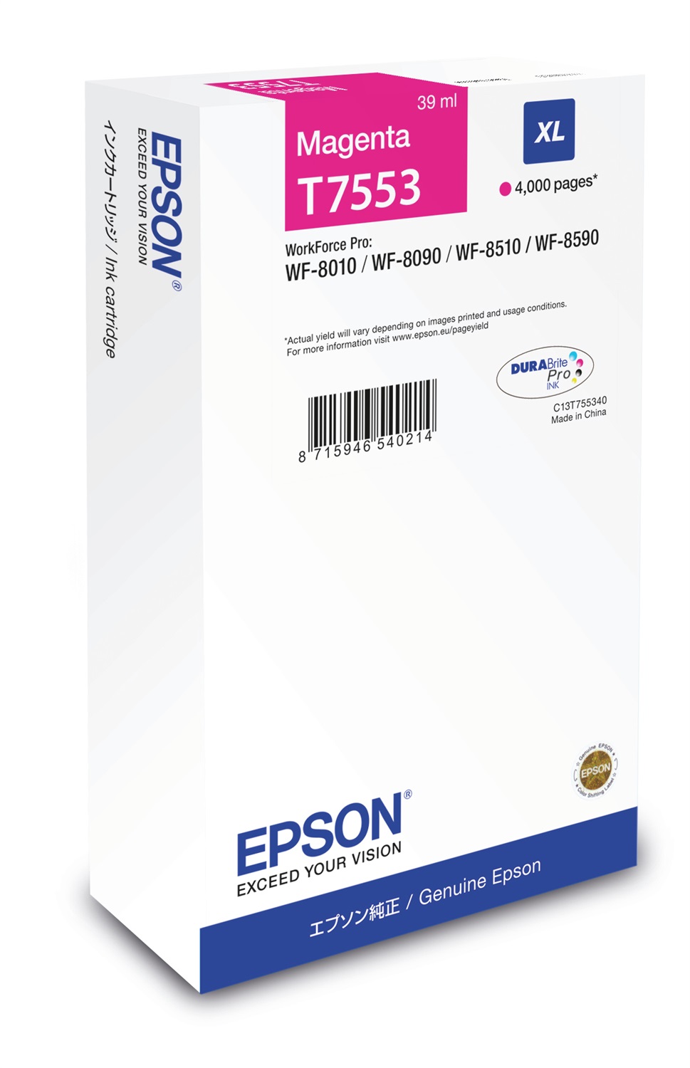 Epson Cartuccia Magenta XL T7553 - 39 ml, Inchiostro a base di pigmento, Fino a 4000 pagine