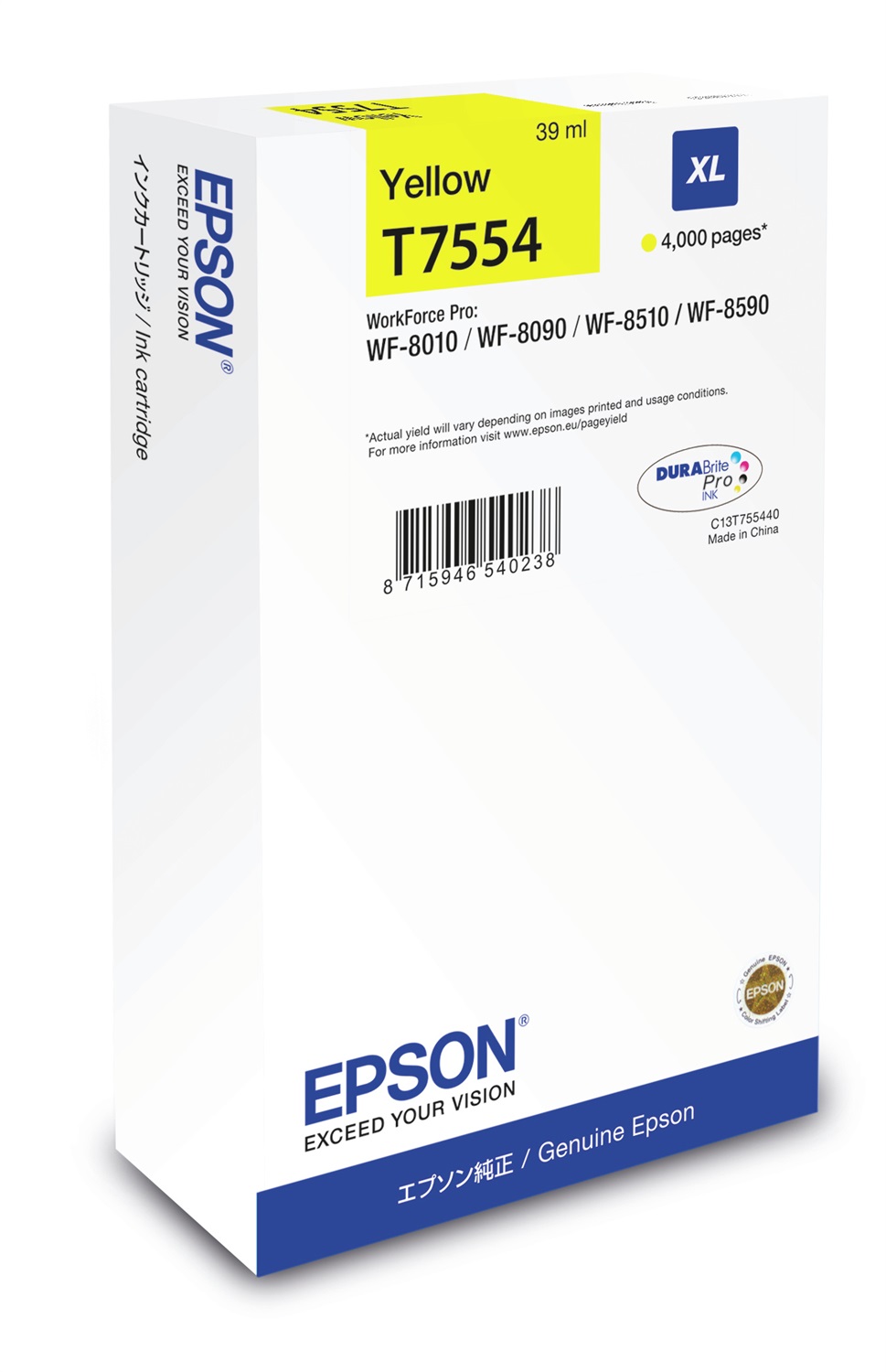 Epson Cartuccia d'Inchiostro Giallo C13T755440 T7554 XL - 39 ml, 4000 Pagine, Inchiostro a Base di Pigmento