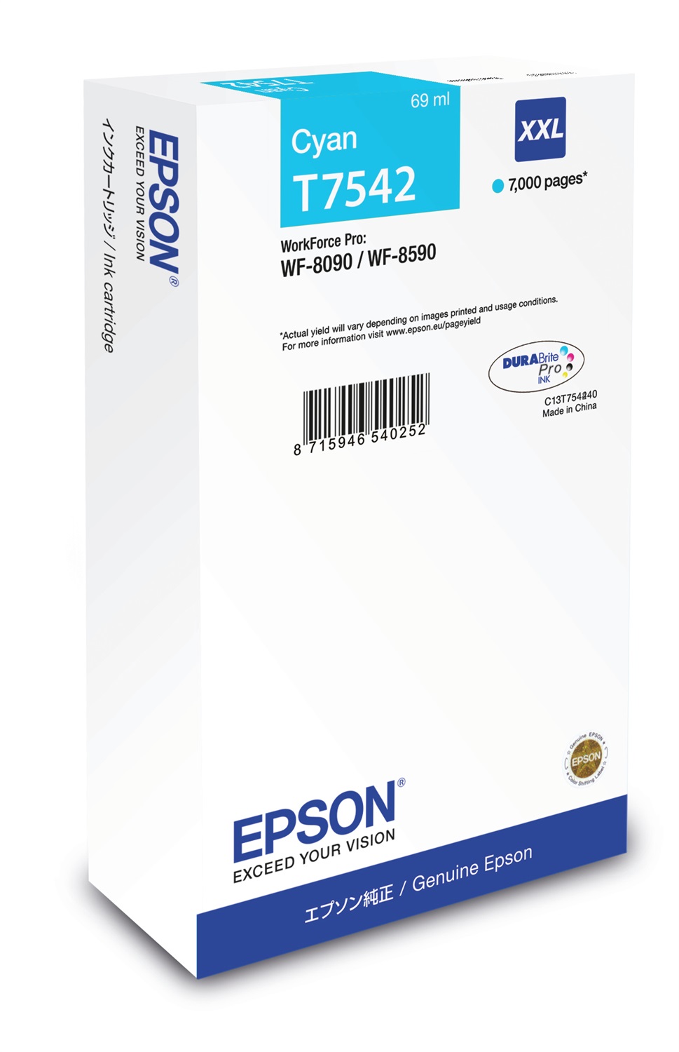 Epson C13T754240 Cartuccia d'Inchiostro XXL Ciano - 69 ml, ~7000 Pagine, Compatibile con WF-8090 e WF-8590