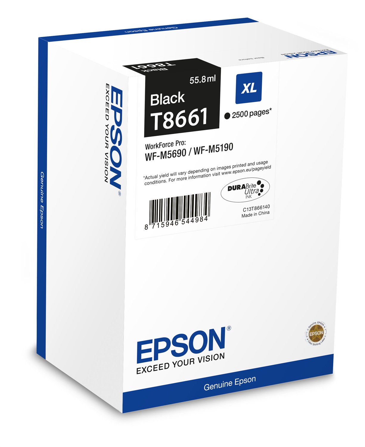 Epson Tanica d'Inchiostro Nero C13T866140 T8661 XL - 55,8 ml, 2500 Pagine, Inchiostro a Base di Pigmento