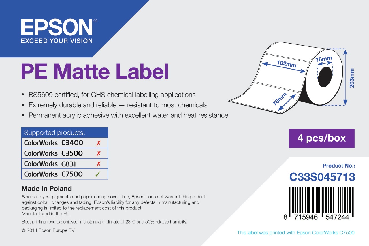 Epson PE Matte Label - Rotolo di Etichette Adesive PP 102mm x 76mm, 1570 Etichette, Resistente e Durevole