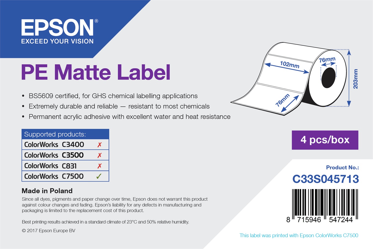 Epson PE Matte Label - Rotolo di Etichette Adesive PP 102mm x 76mm, 1570 Etichette, Resistente e Durevole
