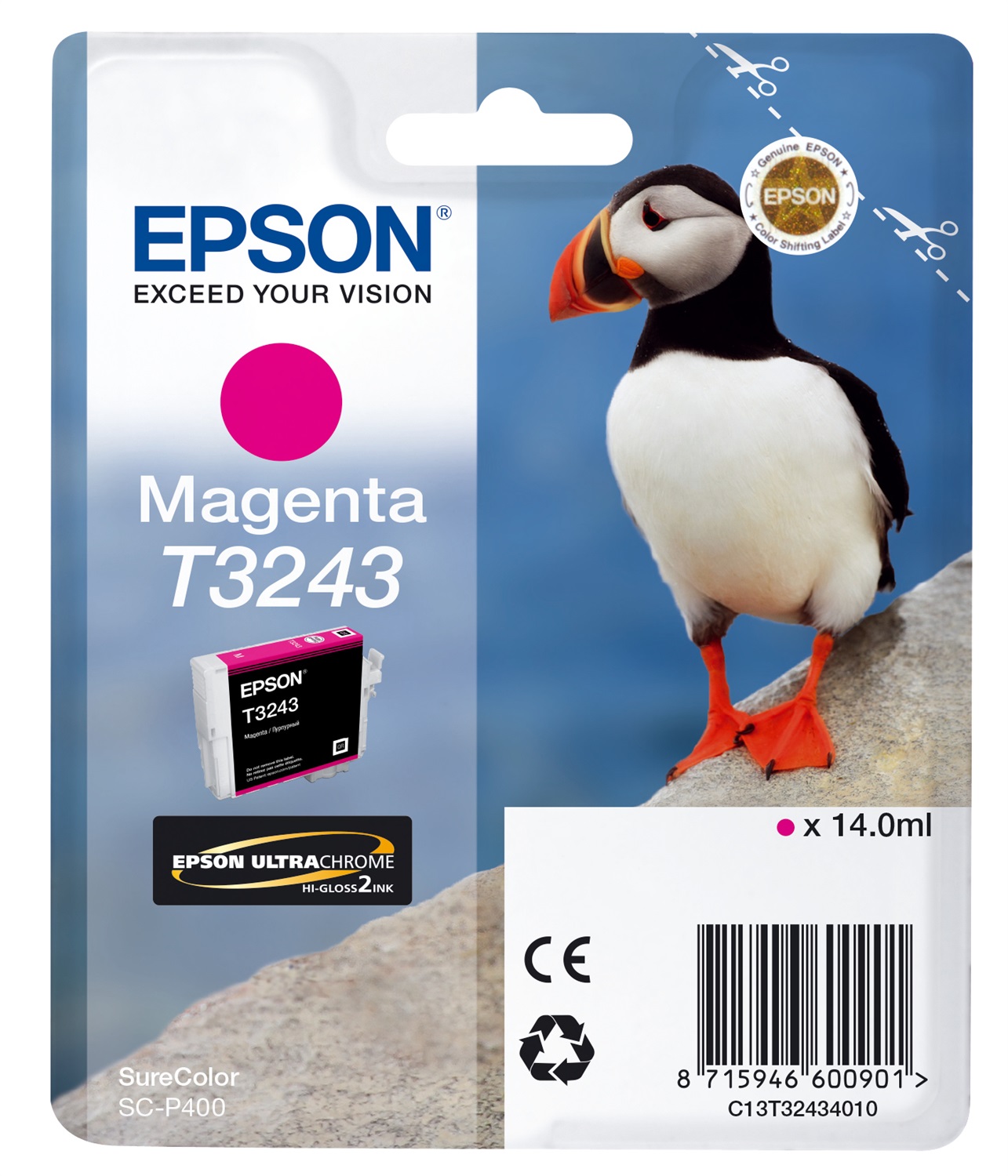 Epson T3243 Cartuccia d'Inchiostro Magenta - 14 ml, Inchiostro a Base di Pigmento, Resa di circa 980 Pagine, Compatibile con SureColor SC-P400