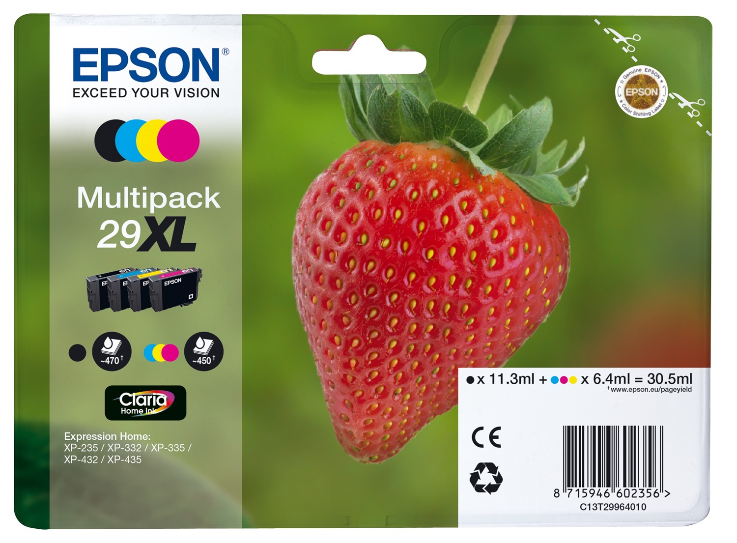 Epson Strawberry 29XL Cartuccia d'Inchiostro Multipack (Nero, Ciano, Magenta, Giallo) Originale Resa Elevata (XL) per Epson XP-235/332/335/432/435