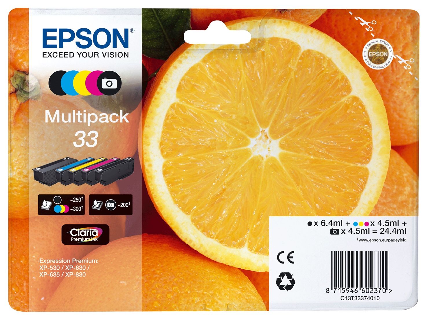 Epson C13T33374010 Multipack 5 Colori Claria Premium Ink - Nero, Nero per Foto, Ciano, Magenta, Giallo
