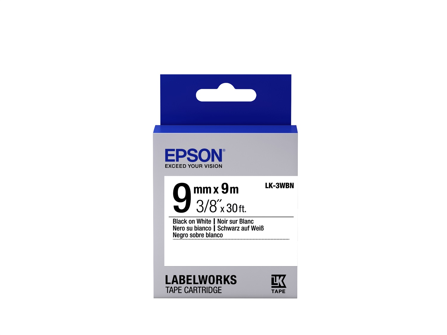 Epson Nastro Standard Bianco per Testo Nero 9 mm x 9 m LK-3WBN - Compatibile con LabelWorks LW-1000P, LW-300, LW-400, LW-400VP, LW-600P