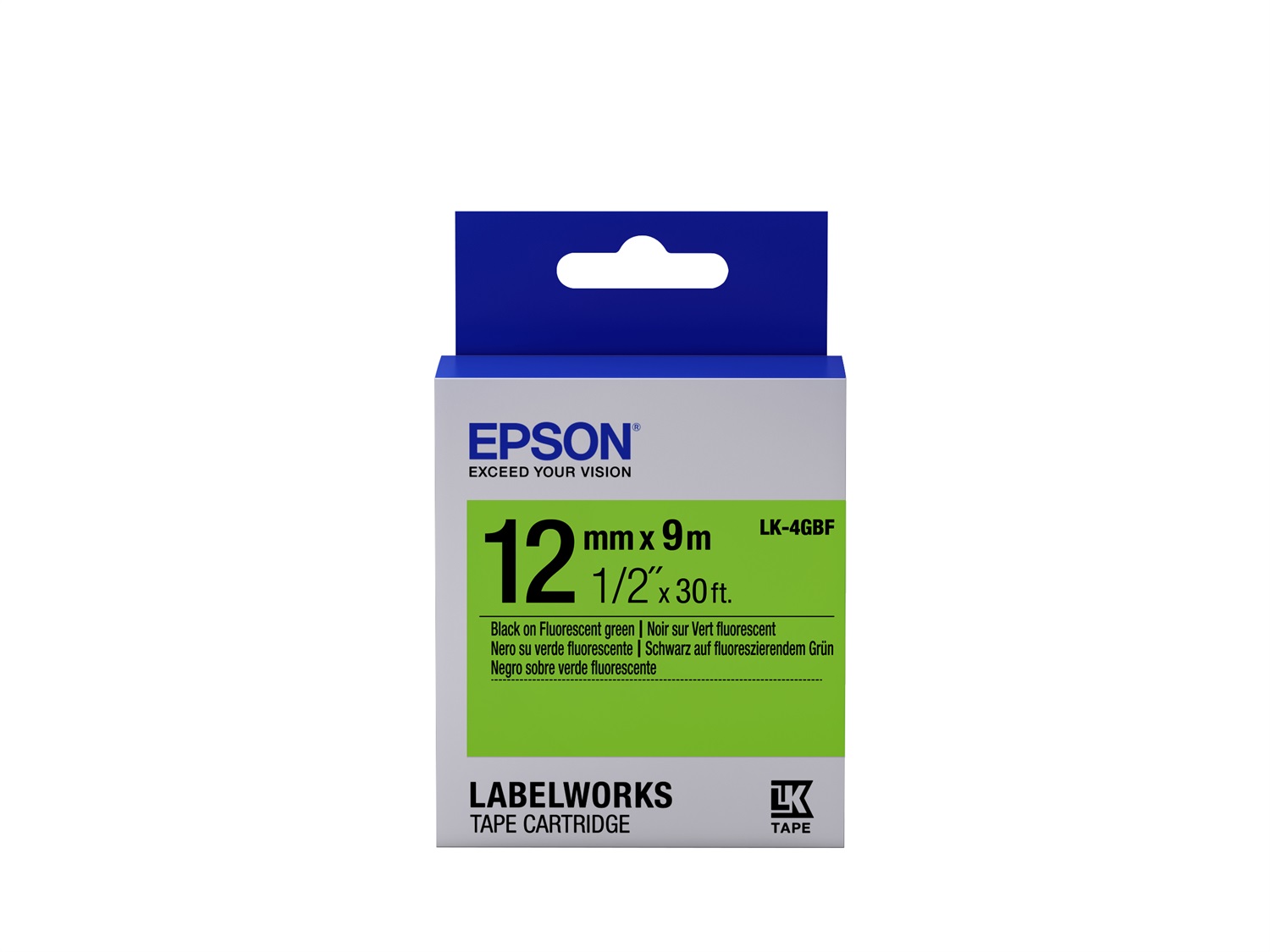 Epson Nastro Fluorescente Verde 12mm per Testo Nero LK-4GBF - Compatibile con LabelWorks