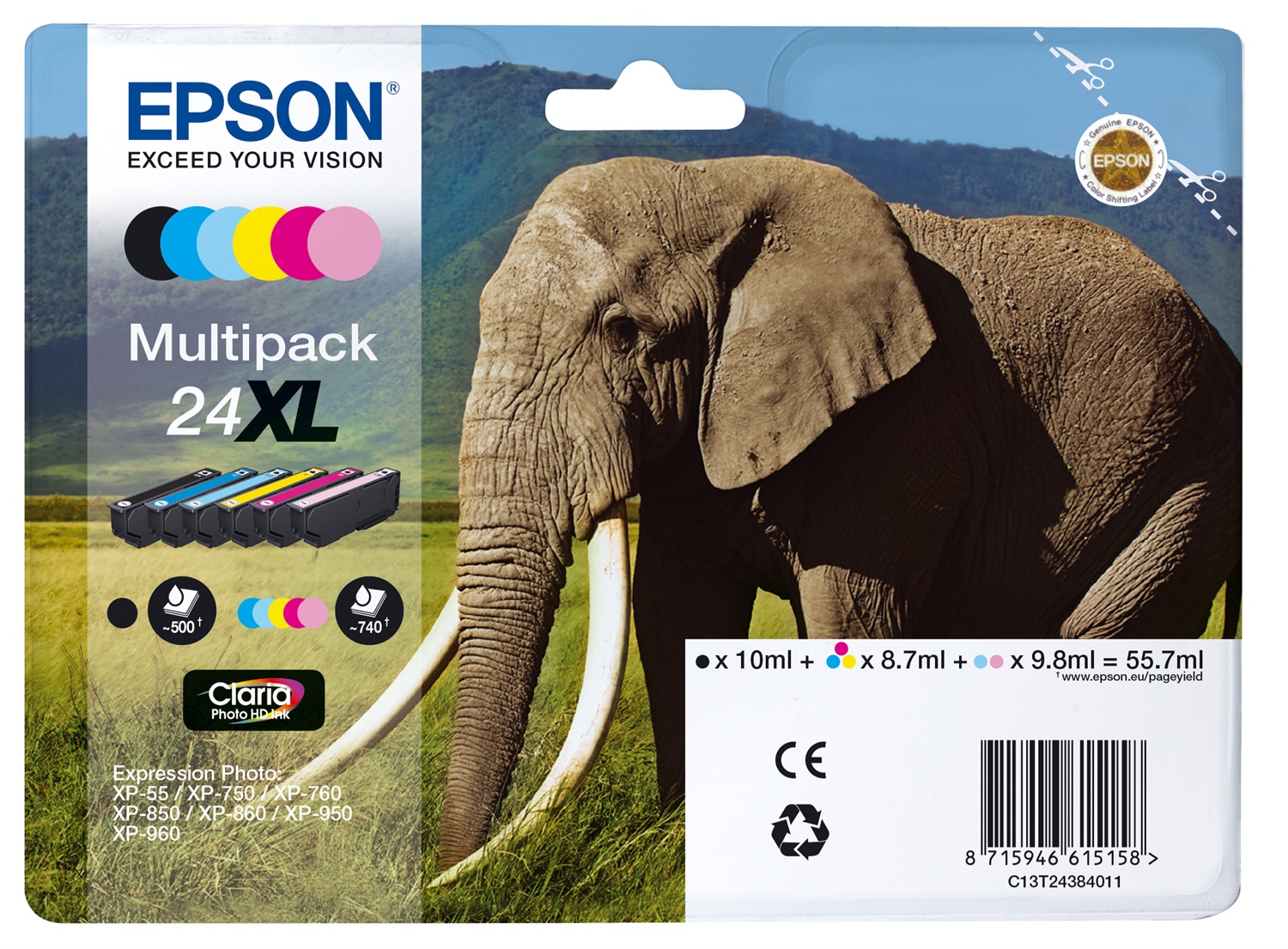 Epson Elephant Multipack 24XL Claria Photo HD Ink - 6 Colori, Capacità 10ml e 8.7ml, Compatibile con XP-750/850/970/960/950/860/760/55
