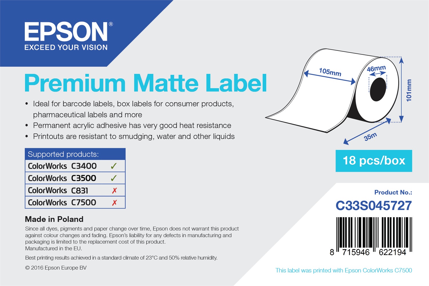 Epson Premium Matte Label - Etichetta Continua Autoadesiva Bianco 105mm x 35m - Compatibile con ColorWorks C3500 e C4000