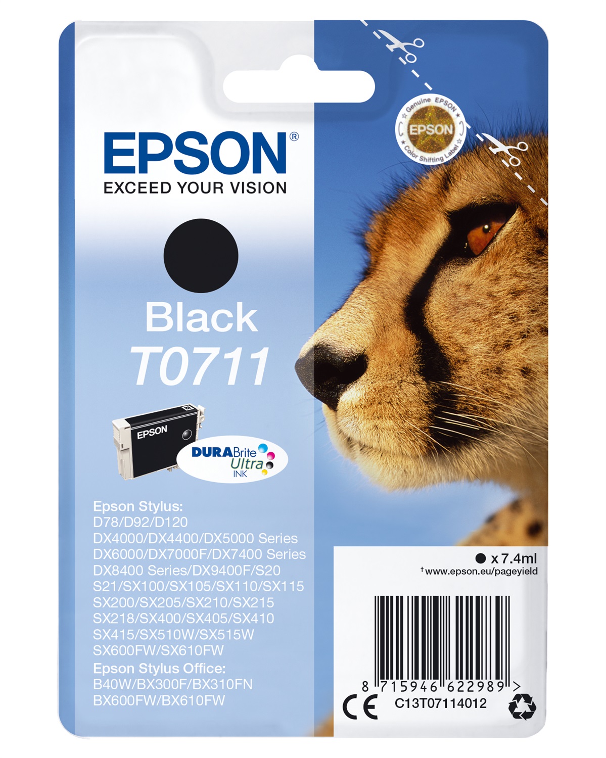Epson T0711 Cartuccia Inchiostro Nero 7,4 ml - Compatibile con Stylus CX4300, D120, D78, D91, D92, DX4000 e altri