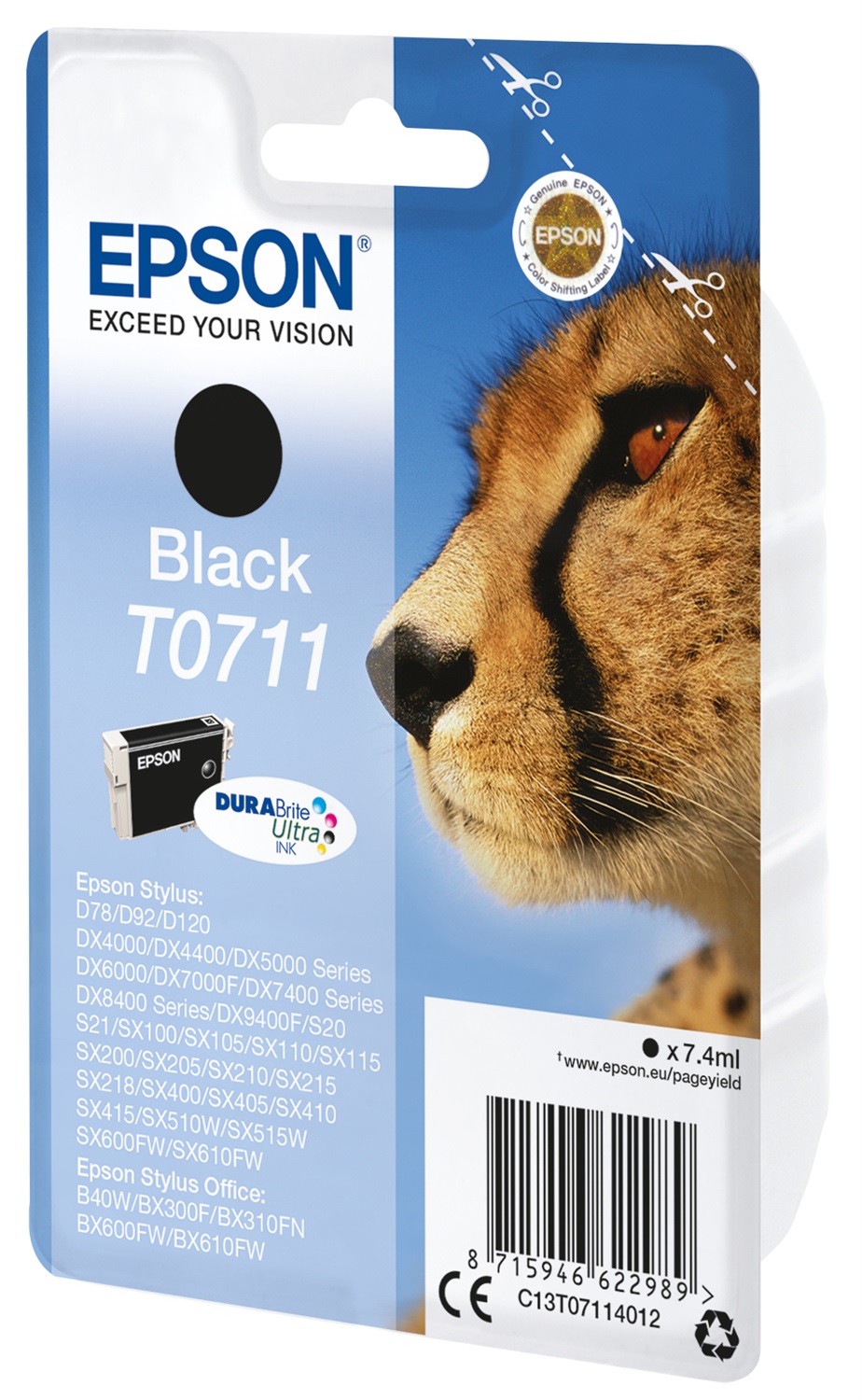 Epson T0711 Cartuccia Inchiostro Nero 7,4 ml - Compatibile con Stylus CX4300, D120, D78, D91, D92, DX4000 e altri