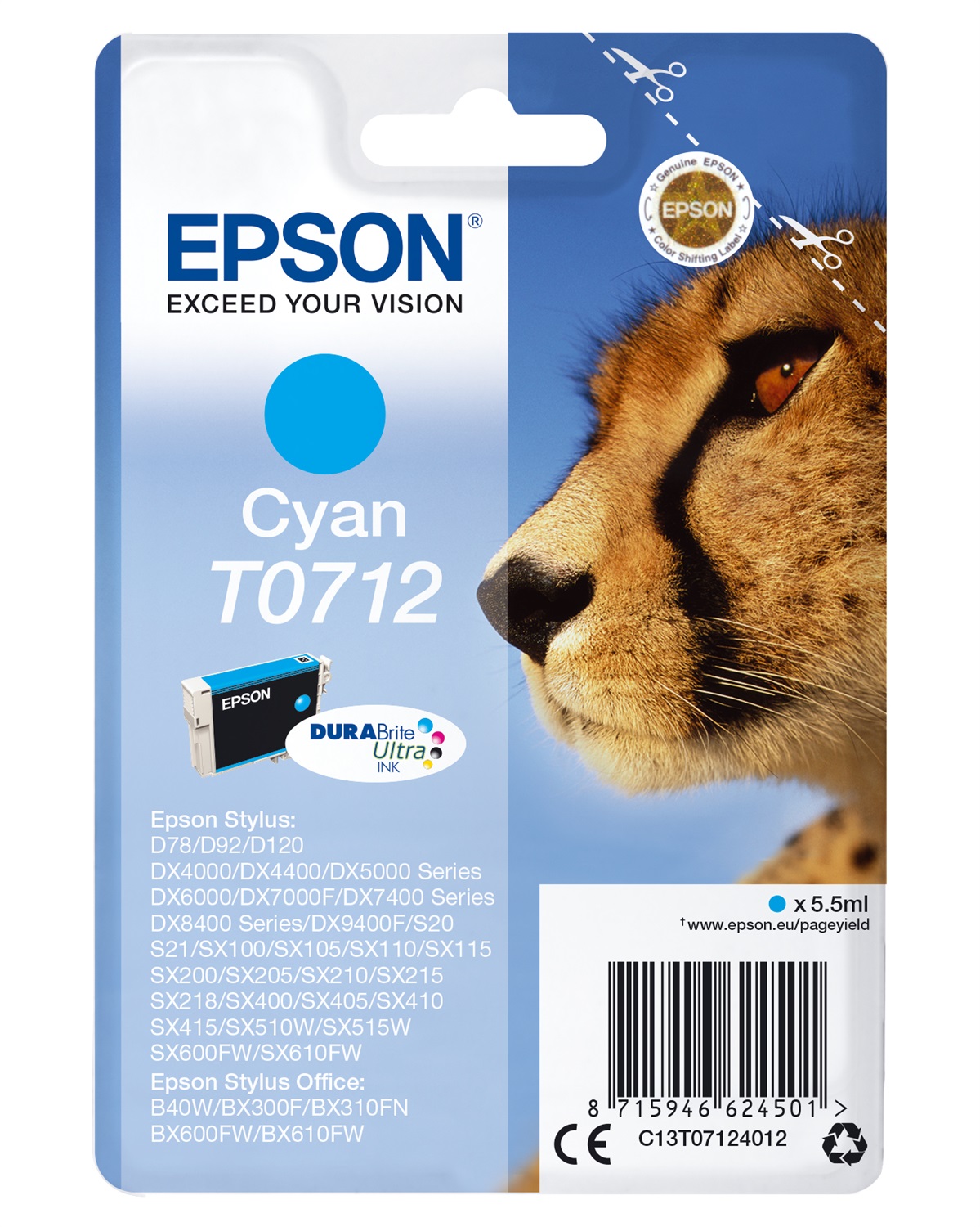 Epson T0712 Cartuccia Ciano Originale - C13T07124012 - 5,5 ml - Fino a 415 Pagine