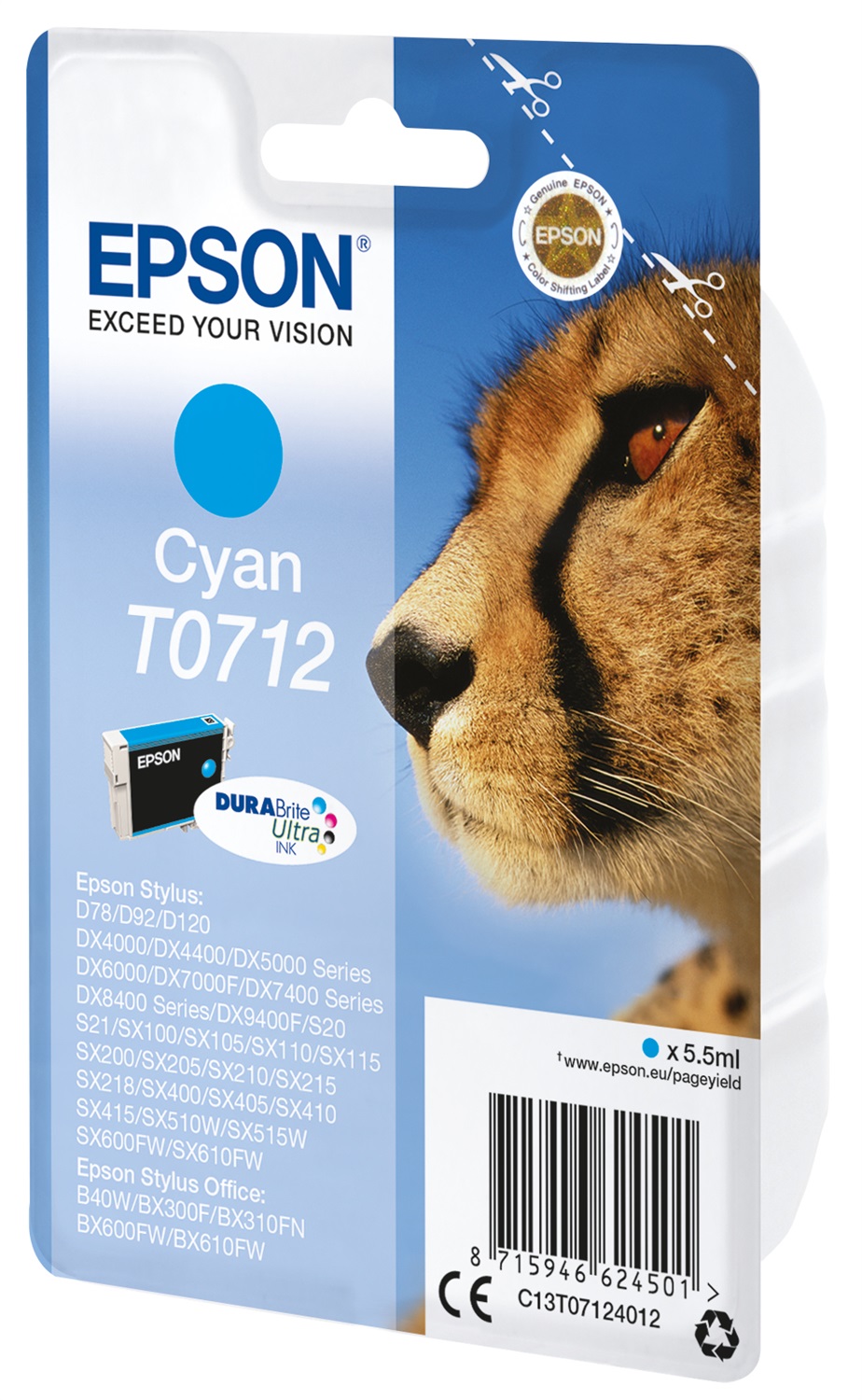 Epson T0712 Cartuccia Inchiostro Ciano 5,5 ml - Compatibile con Stylus CX4300, D120, D78 e altri modelli