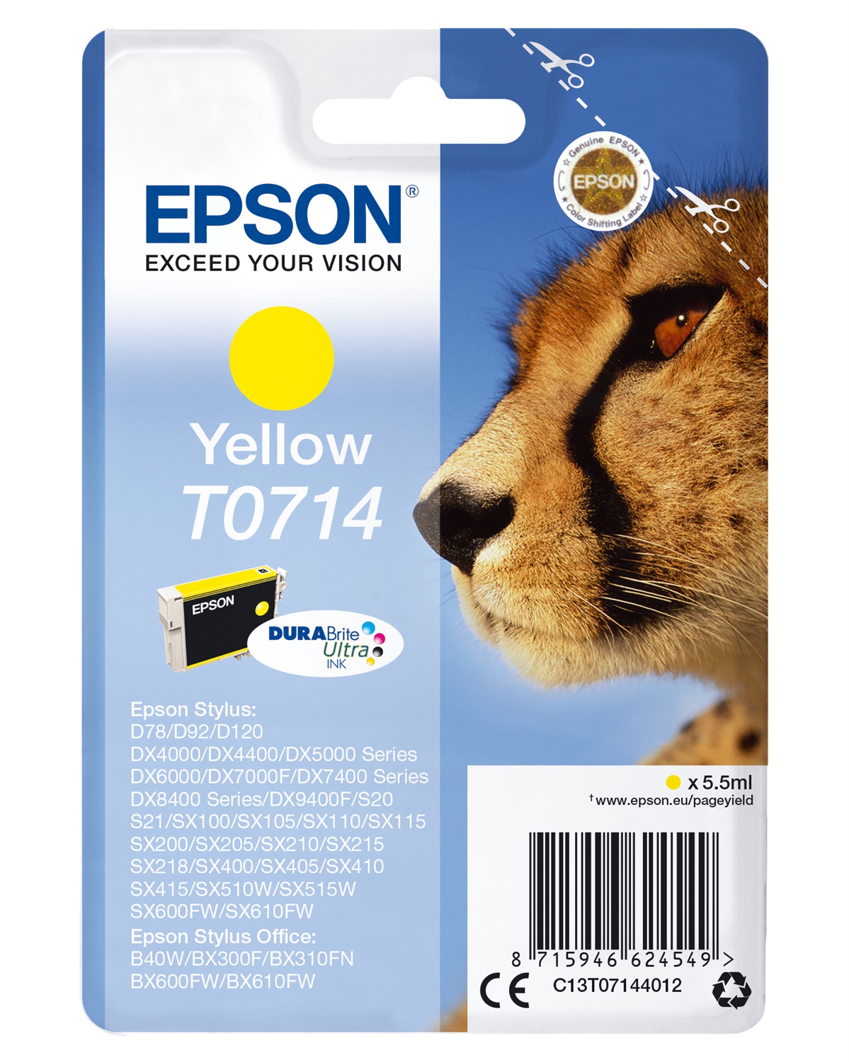 Epson T0714 Cartuccia Giallo DURABrite™ Ultra - 5,5 ml, Compatibile con Stylus CX4300, D120, D78 e altri