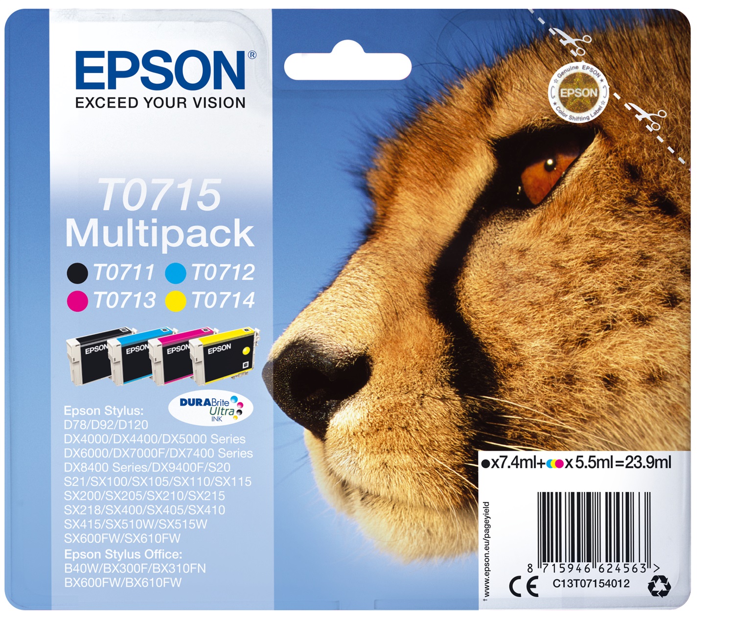 Epson T0715 Multipack Cartucce Originali 4 Colori (Nero, Ciano, Magenta, Giallo) - Capacità 7,4 ml e 5,5 ml