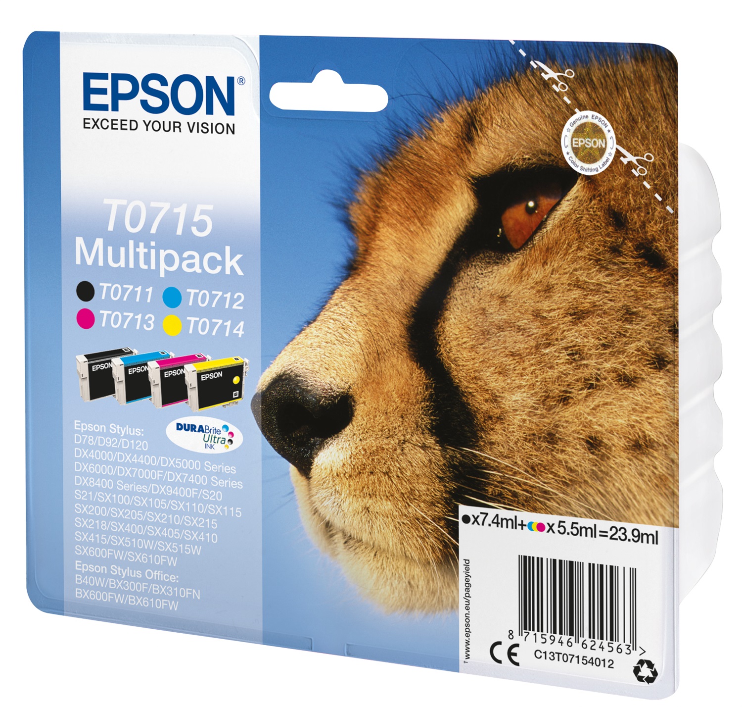 Epson T0715 Multipack Cartucce Originali 4 Colori (Nero, Ciano, Magenta, Giallo) - Capacità 7,4 ml e 5,5 ml