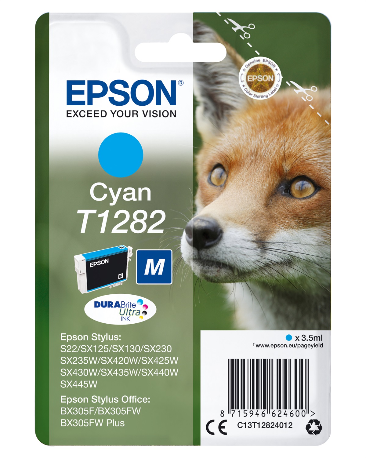 Epson Cartuccia Ciano T1282 - 3,5 ml - Resa 175-270 pagine - Compatibile con S22, SX125, SX130, SX230, SX235W, SX420W, SX430W, SX435W, SX440W, SX445W, BX305F